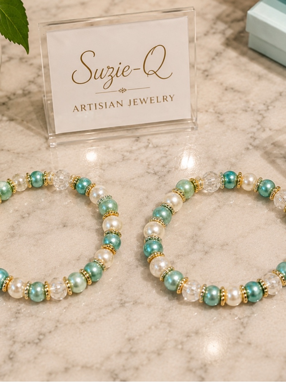Artisian Jewelry Aqua & Pearl Bead Bracelet Set — Handmade Complementary Pair
